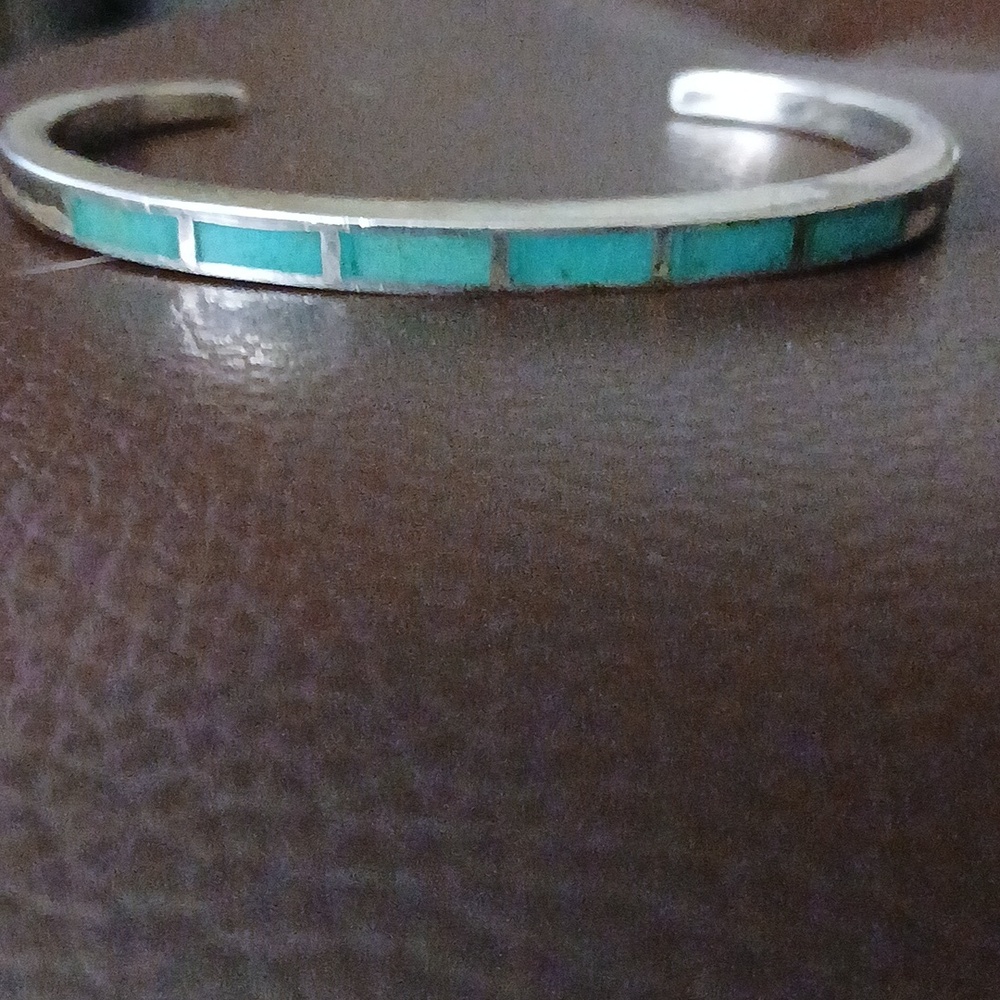 Turquoise Inlay Sterling Cuff Native American Handmade Vintage Small - Picture 4 of 12